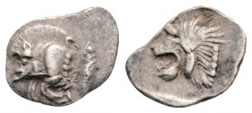 Greek 
Mysia. Kyzikos. (Circa 450-400 BC).
Hemiobol Silver (10.6mm 0.44g)
Forepart of boar left; to right, tunny upward. / Head of roaring lion left; ...