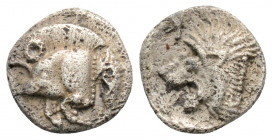 Greek
Mysia, Kyzikos (Circa. 450-400 BC)
Obol Silver (9.6mm 0.79g)
Forepart of boar left; to right, tunny upward / Head of roaring lion left; retrogra...