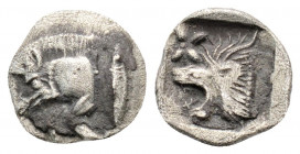 Greek
Mysia. Kyzikos. (Circa 450-400 BC).
Hemiobol Silver (8.6mm 0.39g)
Forepart of boar left; to right, tunny upward. / Head of roaring lion left; st...