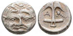Greek
THRACE, Apollonia Pontika. (Circa 450-400 BC)
Drachm Silver (13mm 2.81g)
Gorgoneion / Anchor; A below left fluke, crayfish below right. 
SNG BM ...