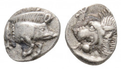Greek
MYSIA, Kyzikos. (Circa 450-400 BC).
Hemiobol Silver (7.8mm 0.37g)
Forepart of boar right; to left, tunny upward / Head of lion left; retrograde ...