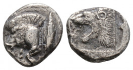 Greek
Mysia. Kyzikos. (Circa 450-400 BC).
Diobol Silver (10.6mm 1.15g).
Forepart of boar left, tunny upward behind / Head of roaring lion left within ...