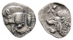 Greek
Mysia, Kyzikos. (Circa 450-400 BC)
Hemiobol Silver (9.4mm 0.33g).
Forepart of boar left; to right, tunny upward /Head of roaring lion left; star...