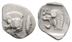 Greek
Mysia, Kyzikos. (Circa 450-400 BC)
Hemiobol Silver (9.7mm 0.44).
Forepart of boar left; to right, tunny upward /Head of roaring lion left; star ...