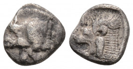 Greek
Mysia, Kyzikos (Circa 450-400 BC).
Obol Silver (9mm 0.78g)
Forepart of boar to left, tunny upward to right / Head of roaring lion to left within...