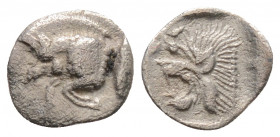 Greek
MYSIA, KYZIKOS (circa 450-400 BC).
Hemiobol Silver (8.5mm 0.30g)
Forepart of boar left; to right, tunny upward / Head of roaring lion left; star...