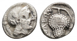 Greek
Cilicia, Soloi. Ca. (circa 410-375 B.C.)
Obol Silver. (9mm 0.66g)
Helmeted head of Athena right / Grape bunch.
SNG BN 187; SNG Levante 47.
Very ...