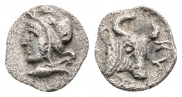 Greek 
MYSIA. Kyzikos. (Circa 410-400 BC).
 Hemiobol Silver (8.1mm 0.36g)
Head of Attis left, wearing Phrygian cap; below, tunny left./ KYZI. Head and...