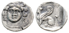 Greek
CILICIA, Uncertain. (circa 4th century BC.)
Obol Silver (11.1mm 0.87)
Gorgoneion facing, wearing triple-pendant earrings / Sphinx seated left.
S...
