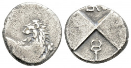 Greek
THRACE, Cherronesos. (Circa 400-350 BC.)
Tetrobol Silver (14mm 2.12g)
 Forepart of a lion right, looking back / Quadripartite incuse; caduceus, ...