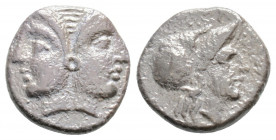 Greek
MYSIA, Lampsakos. (circa 4th-3rd centuries BC.)
Diobol Silver (11.8mm 1.09g) 
Janiform female head / Head of Athena right, wearing crested Corin...