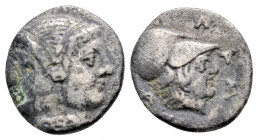 Greek
Greek
MYSIA. Lampsakos. (circa 4th-3rd centuries BC.) 
Diobol Silver (11.5mm 1.17g)
 Diademed janiform female head, with circular earring. / ΛA-...