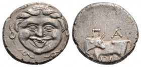 Greek
MYSIA, Parion. (4th century BC)
Hemidrachm Silver (14.2mm 2.21g)
Gorgoneion / ΠA–PI, bull standing left, head right. 
Cf. SNG France 1356-91; cf...