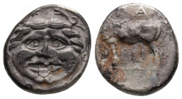 Greek
MYSIA, Parion. (4th century BC)
Hemidrachm Silver (14.1mm 2.19g)
Gorgoneion / ΠA–PI, bull standing left, head right. 
Cf. SNG France 1356-91; cf...