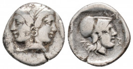 Greek
MYSIA, Lampsakos. (circa 4th-3rd centuries BC.)
Diobol Silver (12.4mm 1.05g)
Female janiform head / Head of Athena right, wearing crested Corint...