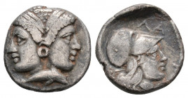 Greek
MYSIA, Lampsakos. (circa 4th-3rd centuries BC.)
Diobol Silver (11.5mm 1.14g)
Female janiform head / Head of Athena right, wearing crested Corint...