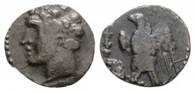 Greek
CILICIA, Uncertain. (circa 4th century BC). 
Obol Silver (9.8mm 0.53g)
Male head left, wearing wreath of grain ears. / Eagle standing left, spre...