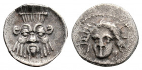 Greek
CILICIA. Uncertain. (circa 4th century BC).
Obol Silver (9.9mm 0.76g)
Female head of (Arethusa?) facing slightly to left, wearing necklace. / Fa...