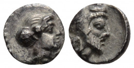 Greek
CILICIA, Uncertain. (circa 4th century BC).
Obol Silver (8.5mm 0.61g)
Head of female right, hair in sphendone / Bearded head right, wearing satr...