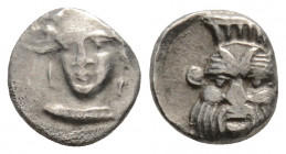 Greek 
CILICIA. Uncertain. (circa 4th century BC).
Obol Silver (8.5mm 0.64g)
Head of female (Arethusa?) facing slightly left. / Facing head of Bes.
Gö...