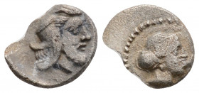 Greek
CILICIA, Uncertain. (circa 4th century BC).
Obol Silver (9.9mm 0.60g)
Head of female right, hair in sphendone / Bearded head right, wearing satr...