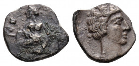 Greek
CILICIA. Tarsos. Tiribazos , satrap of Lydia, (circa 388-380 BC.)
Obol Silver (9.6mm 0.38g)
Female kneeling left, casting astragaloi./ Head of y...