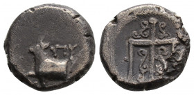 Greek
THRACE, Byzantion. (circa 387-340 BC).
Hemidrachm Silver (11.9mm 1.68g)
Bull on dolphin / Decorated trident. 
SNG.BM.16.