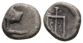 Greek
THRACE, Byzantion. (circa 387-340 BC). 
Hemidrachm Silver (10.8mm 1.62g)
Bull on dolphin / Decorated trident. 
SNG.BM.16.