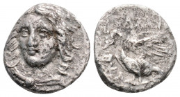 Greek
Ionia, Klazomenai. (Circa 386-301 BC.)
Drachm Silver ( 13mm 1.80g)
 Head of Apollo facing slightly left, wearing laurel wreath / KΛ-A, swan stan...