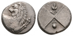 Greek
THRACE, Chersonesos. (Circa 386-338 BC). 
Hemidrachm Silver (12.9mm 2.27g)
 Forepart of lion right, head reverted / Quadripartite incuse square ...