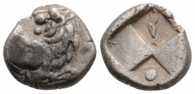 Greek
THRACE. Chersonesos. (Circa 386-338 BC).
Hemidrachm Silver (13.1mm 2.19g)
Forepart of lion right, head reverted. / Quadripartite incuse square w...