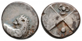 Greek
THRACE. Chersonesos. (Circa 386-338 BC).
 Hemidrachm Silver (13.8mm 2.18g)
Forepart of lion right, head left. /Quadripartite incuse square with ...