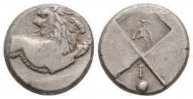 Greek
THRACE, Chersonesos. (Circa 386-338 BC.)
Hemidrachm Silver (12.6mm 2.2g)
Forepart of lion to right, his head turned to left./ Quadripartite incu...