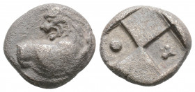 Greek
THRACE. Chersonesos. (Circa 386-338 BC). 
Hemidrachm Silver (13.1mm 2.28g)
Forepart of a lion to right, his head turned back to left. / Quadripa...