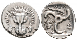 Greek
Dynasts of Lykia, Perikles. (Circa 380-360 BC).
1/3 Stater Silver ( 16.9mm 3.08g)
Facing lion's scalp / Triskeles, Lykian legend around; dolphin...