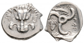 Greek
Dynasts of Lykia, Perikles. (Circa 380-360 BC).
1/3 Stater silver (17mm 3.02g)
Facing lion's scalp / Triskeles, Lykian legend around; dolphin an...