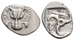 Greek
Dynasts of Lykia, Perikles. (Circa 380-360 BC).
1/3 Stater silver (17.5mm 3.20g)
Facing lion's scalp / Triskeles, Lykian legend around; dolphin ...