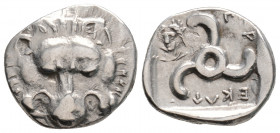 Greek
DYNASTS OF LYCIA. Perikles, (circa 380-360 BC). 
1/3 Stater Silver (15.6mm 3.15g)
 Facing lion's scalp. / Triskeles; to left, laureate and drape...
