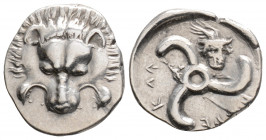 Greek
DYNASTS OF LYCIA. Perikles, (circa 380-360 BC). 
1/3 Stater Silver (17.2mm 3.18g)
Facing lion's scalp. / Triskeles; to right, facing head of Her...