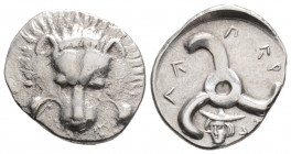 Greek
DYNASTS OF LYCIA. Perikles, (circa 380-360 BC). 
1/3 Stater Silver (17.5mm 2.98g)
Facing lion's scalp. / Triskeles; below, facing head of Hermes...