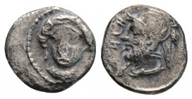 Greek
CILICIA, Tarsos. Time of Pharnabazos and Datames, Satraps. (circa 379-372 BC).
Obol Silver (9.5 mm 0.71 g)
Facing female head turned slightly le...