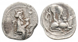 Greek
CILICIA, Tarsos. Mazaios. Satrap of Cilicia, (361/0-334 BC.)
Obol Silver (11 mm 0.49g)
 Crowned figure of Artaxerxes III, in the guise of Baal o...