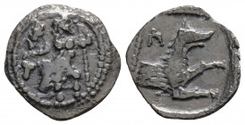 Greek
CILICIA, Tarsos. Mazaios (circa 361-334 BC). 
Obol Silver (13.1mm 0.65g)
Zeus-Baal seated left, holding Nike and sceptre; before, bunch of grape...