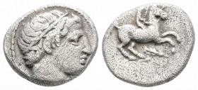 Greek
Kings of Macedon, Amphipolis. Philip II (359-336 BC).
Tetrobol Silver (14.7 mm 2.5 g)
Head of Apollo right, wearing tainia / rider on horseba...