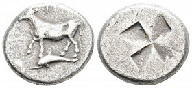 Greek
THRACE Byzantion (Circa 357-340 BC )
Drachm Silver (17.1mm 5.12g)
Cow standing left on dolphin. / Quadripartite incuse square of mill-sail form....