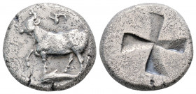 Greek
THRACE Byzantion (Circa 357-340 BC )
Drachm Silver (16.33mm 5.17g)
Cow standing left on dolphin. / Quadripartite incuse square of mill-sail form...