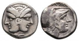 Greek
MYSIA, Lampsakos. (Circa 350-300 BC )
Diobol Silver (10.9mm 1.35g)
Janiform female heads, each wearing stephanos, with central earring. / Helmet...