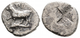 Greek 
THRACE. Byzantion. (Circa 340-320 BC).
Hemidrachm Silver (14.2mm 2.26g)
Bull standing left on dolphin left. / Stippled quadripartite incuse squ...