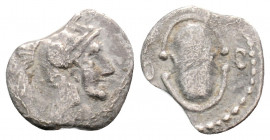 Greek
CILICIA. Tarsos. Balakros, Satrap of Cilicia (circa 333-323 BC). 
Obol Silver (10.6mm 0.40g)
Head of Athena right. / Shield.
SNG France 489a.