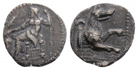 Greek
LYCAONIA, Laranda. (Circa 324/3 BC). 
Obol Silver (10.7 mm 0.64 g)
 Baaltars seated left, holding grain ear and grape bunch in his right hand an...